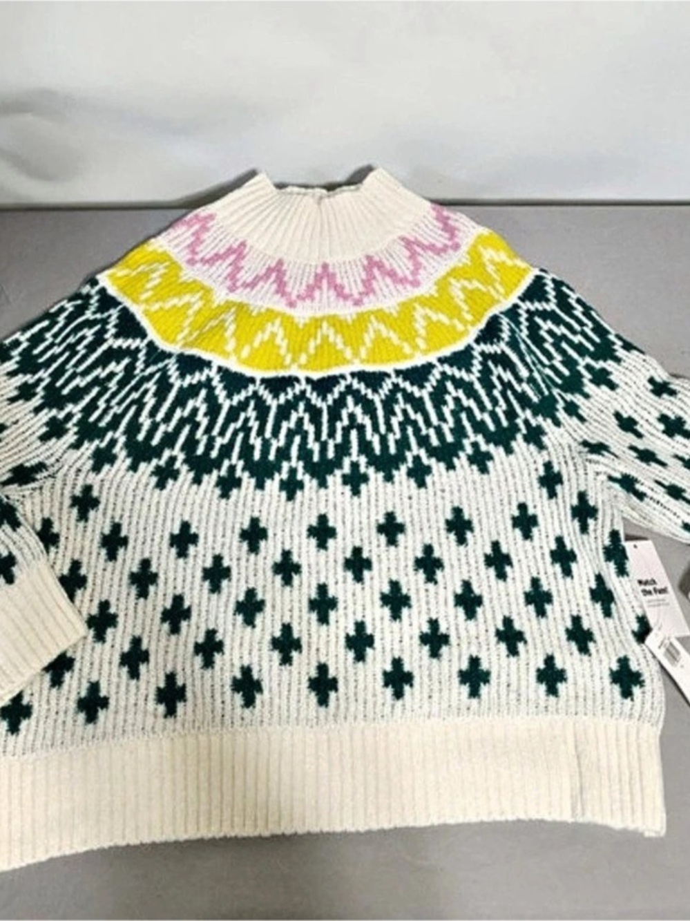 Old Navy Mock-Neck Fair Isle Cropped Sweater White & Green
